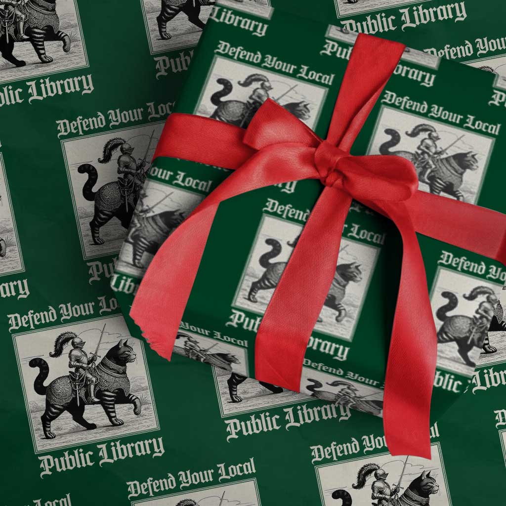 Defend Your Local Public Library Wrapping Paper Roll Knight Cat for Fantasy Book Lovers TS11 Green Print Your Wear