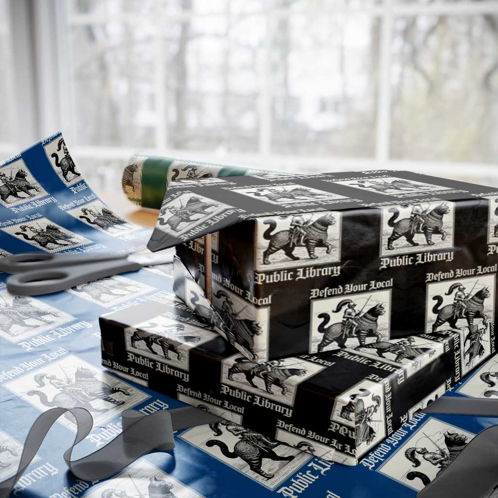Defend Your Local Public Library Wrapping Paper Roll Knight Cat for Fantasy Book Lovers TS11 Black Print Your Wear