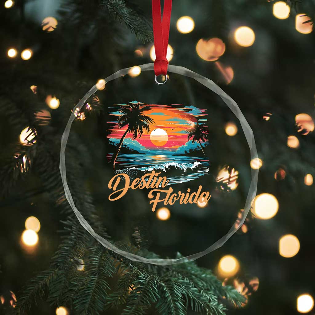 Destin Florida Beach Crystal Glass Ornament Retro Sunset Palm Tree Graphic