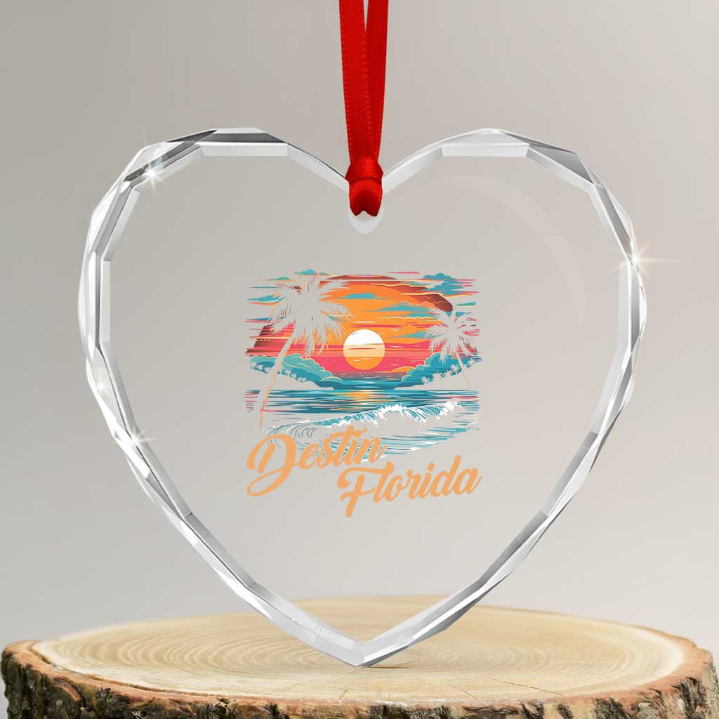 Destin Florida Beach Heart Crystal Glass Ornament Retro Sunset Palm Tree Graphic