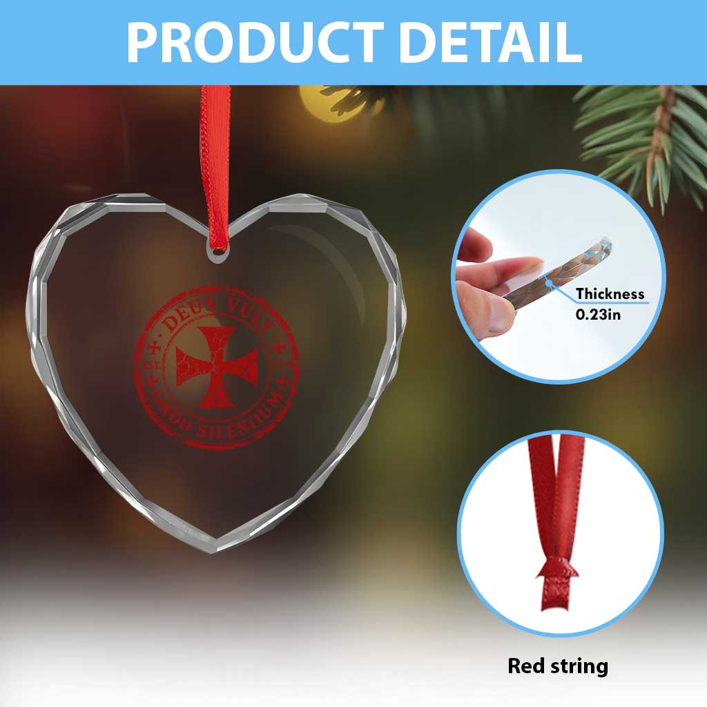 Deus Vult Ordo Silentium Knights Templar Est 1119 Heart Crystal Glass Ornament Crusader Cross