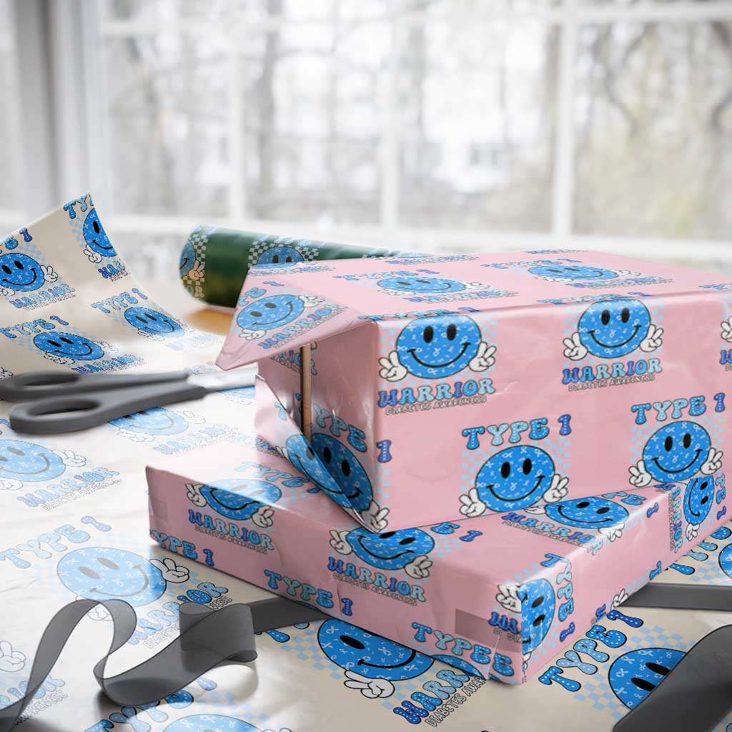 Diabetes Awareness Wrapping Paper Roll Blue Ribbon T1D Warrior Support Squad Retro Groovy TS02 Light Pink Print Your Wear