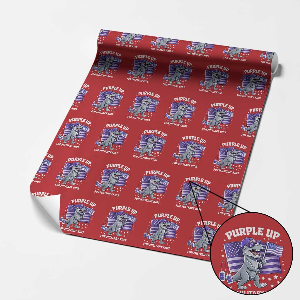 Dinosaur Military Kids Wrapping Paper Roll Purple Up For Military Child Month Patriotic USA Flag TS10 Red Print Your Wear