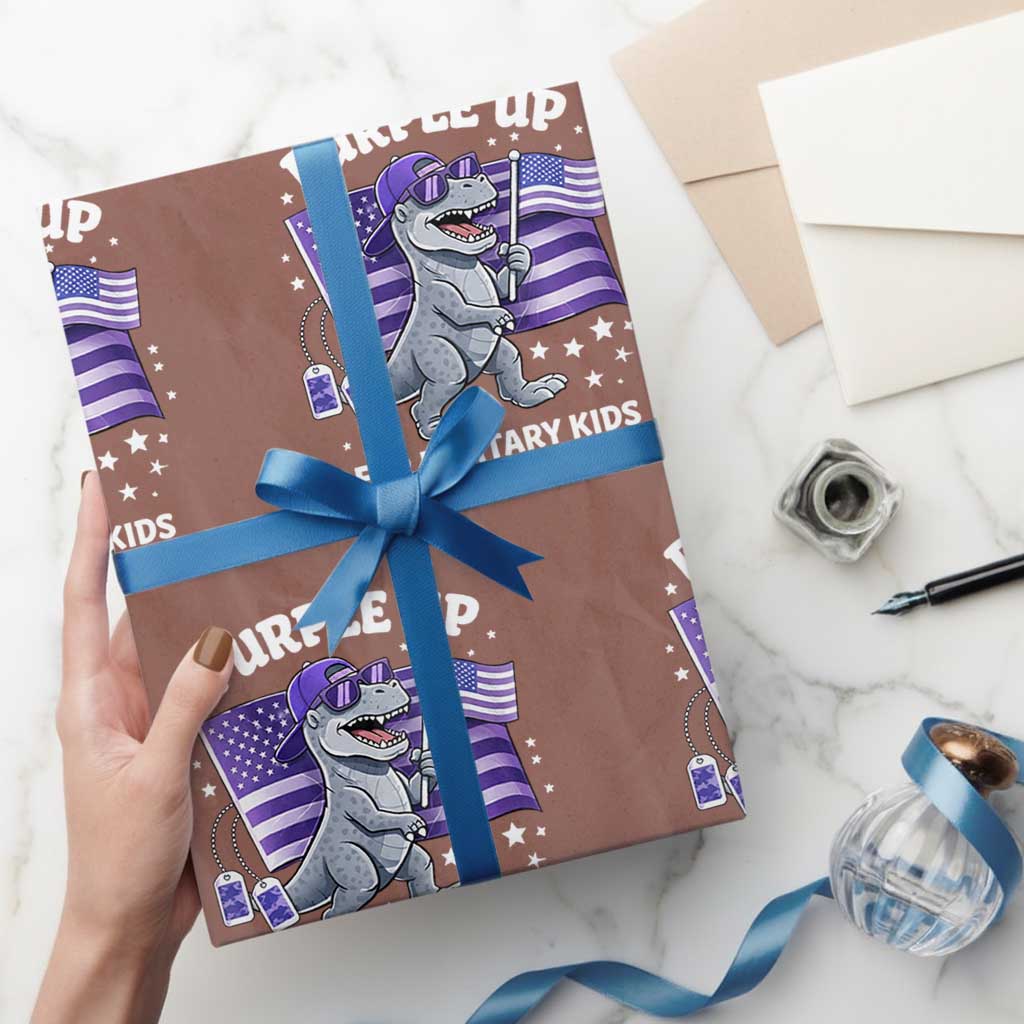Dinosaur Military Kids Wrapping Paper Roll Purple Up For Military Child Month Patriotic USA Flag TS10 Mocha Print Your Wear