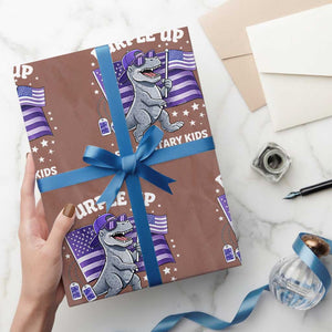 Dinosaur Military Kids Wrapping Paper Roll Purple Up For Military Child Month Patriotic USA Flag TS10 Mocha Print Your Wear