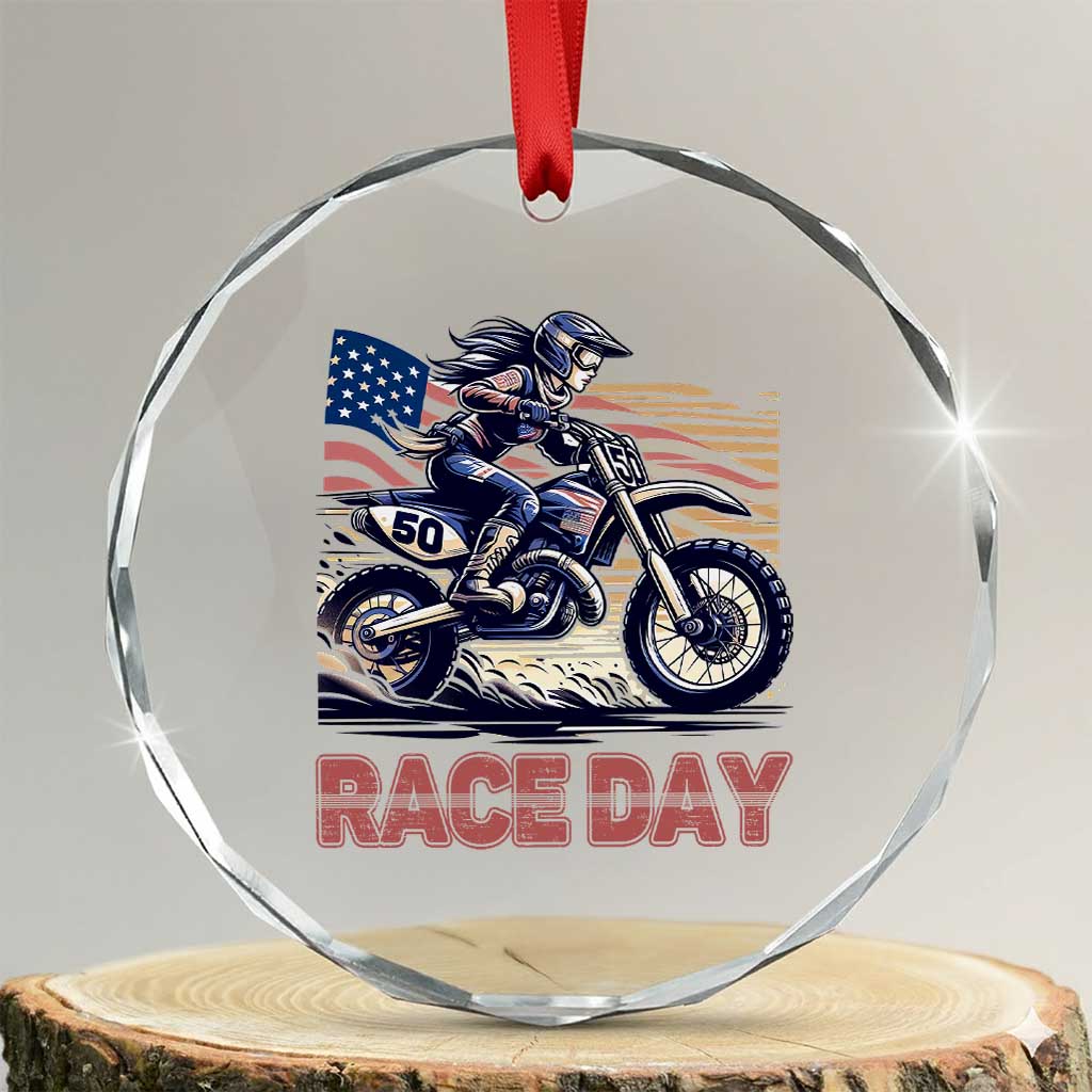 Dirt Bike Girl Crystal Glass Ornament Patriotic Motocross American Flag Racing TS14 Transparent Glass 3'' Circle Print Your Wear