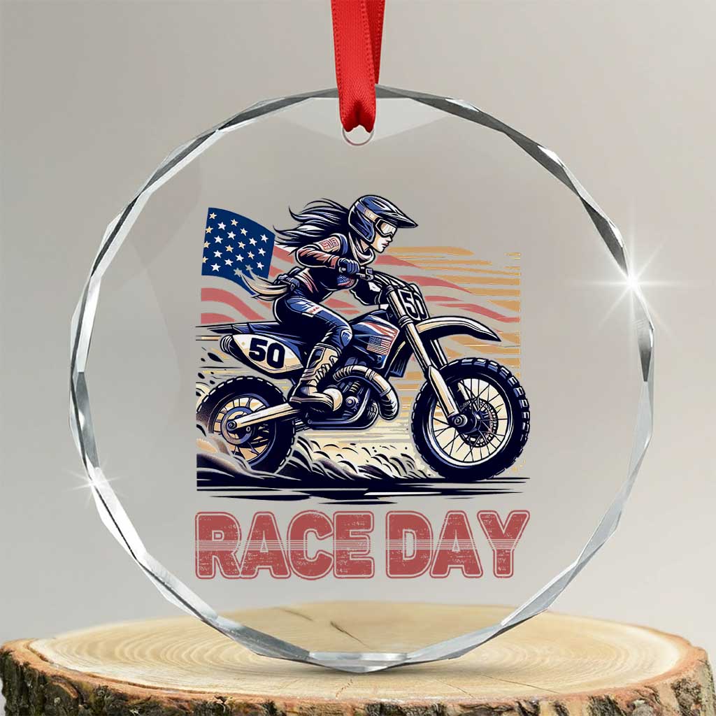 Dirt Bike Girl Crystal Glass Ornament Patriotic Motocross American Flag Racing TS14 Transparent Glass 3'' Circle Print Your Wear