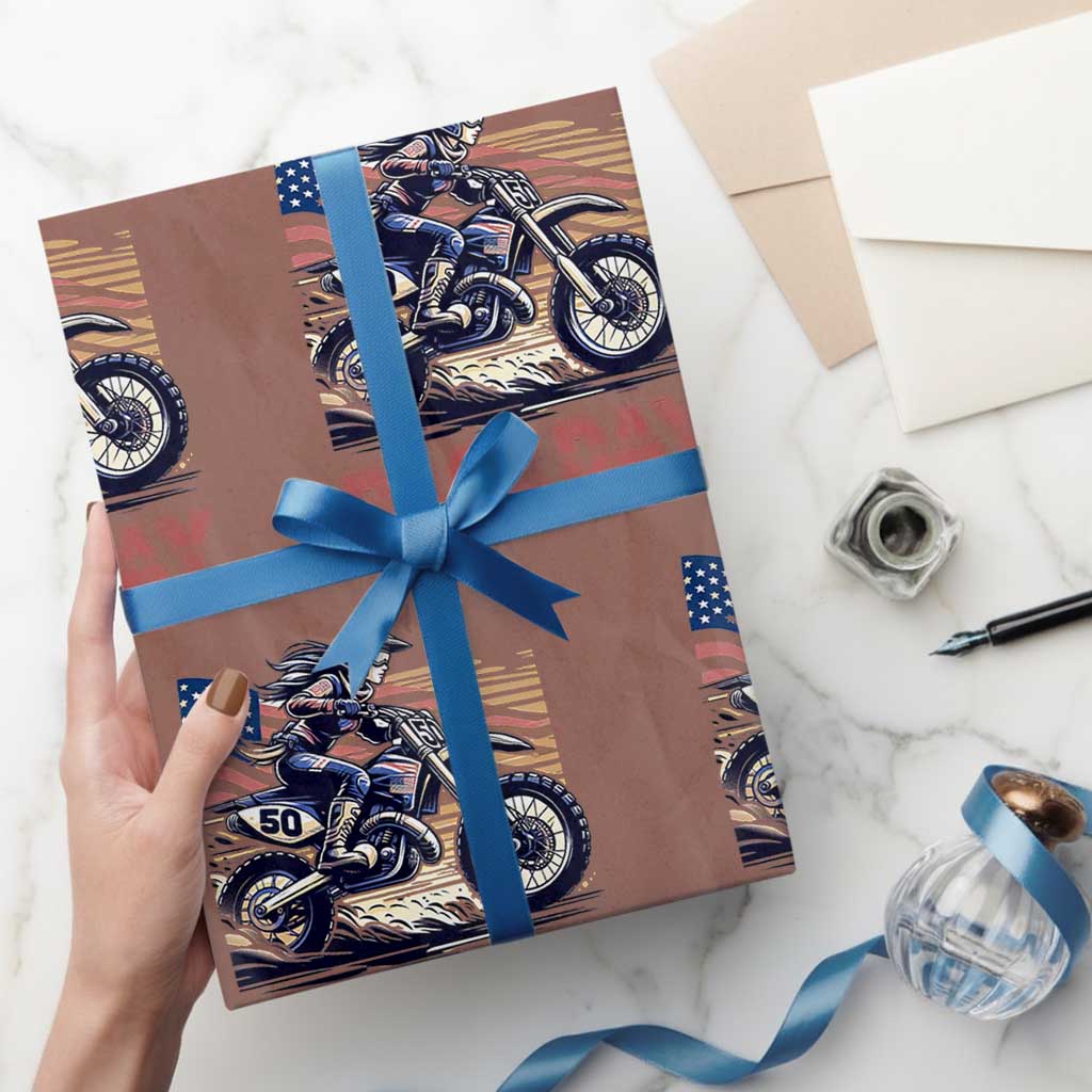 Dirt Bike Girl Wrapping Paper Roll Patriotic Motocross American Flag Racing TS14 Mocha Print Your Wear