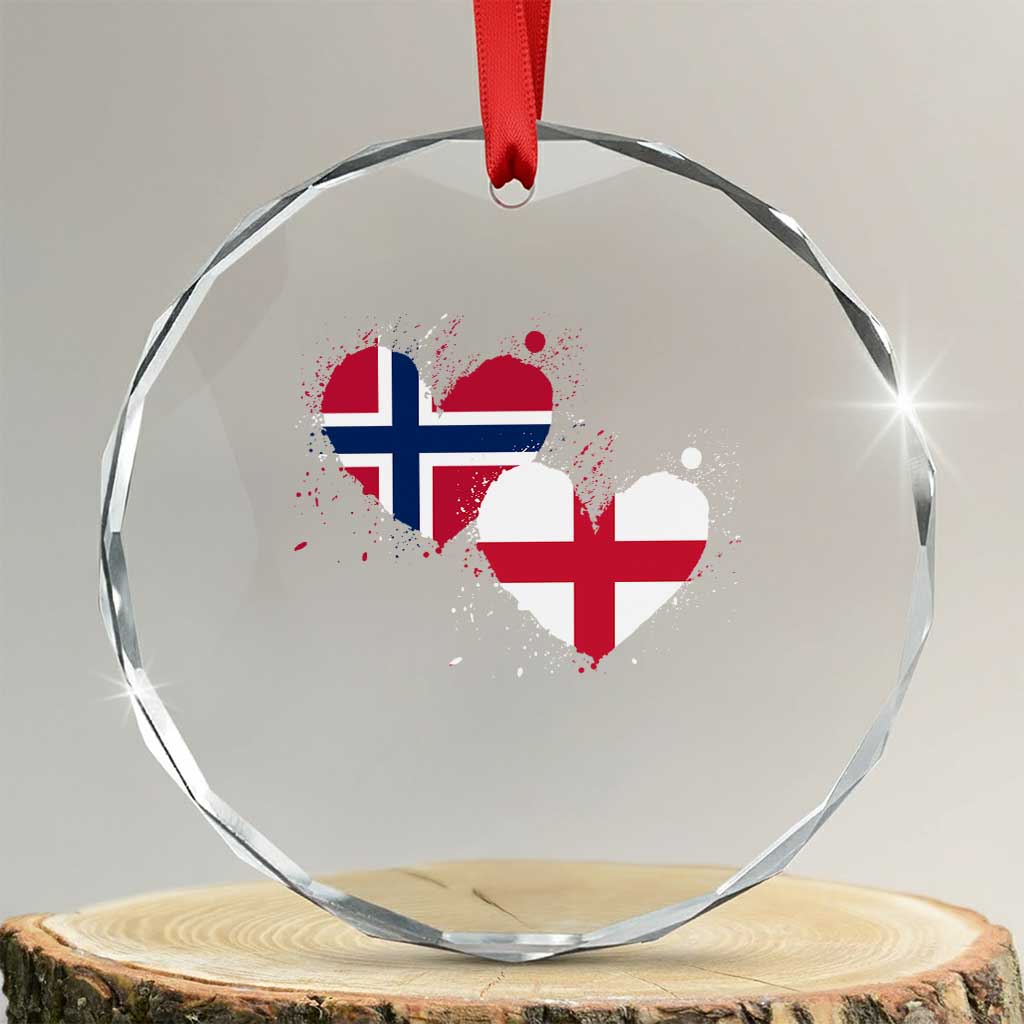 Distressed Norway and England Crossed Flags Dual Heart Graphic Crystal Glass Ornament Love Half Norwegian Half English Pride TS02 Transparent Glass 3'' Circle Print Your Wear
