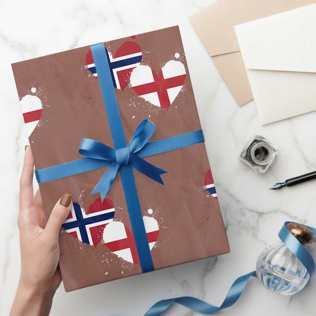 Distressed Norway and England Crossed Flags Dual Heart Graphic Wrapping Paper Roll Love Half Norwegian Half English Pride TS02 Mocha Print Your Wear