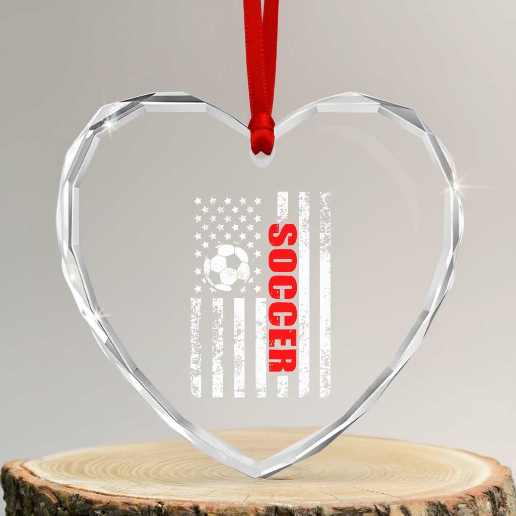 Distressed USA Flag Soccer Player Heart Crystal Glass Ornament Patriotic American Football Lover