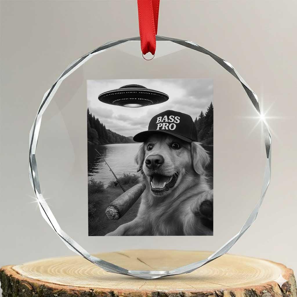 Dog Selfie With Alien UFO Crystal Glass Ornament Funny Fishing Golden Retriever Smoking Dog Lover TS10 Transparent Glass 3'' Circle Print Your Wear