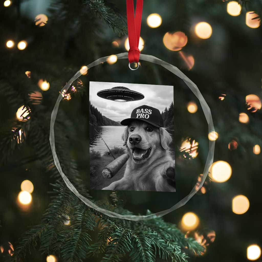 Dog Selfie With Alien UFO Crystal Glass Ornament Funny Fishing Golden Retriever Smoking Dog Lover TS10 Print Your Wear