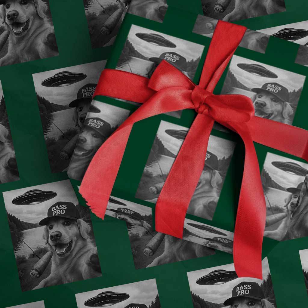 Dog Selfie With Alien UFO Wrapping Paper Roll Funny Fishing Golden Retriever Smoking Dog Lover TS10 Green Print Your Wear