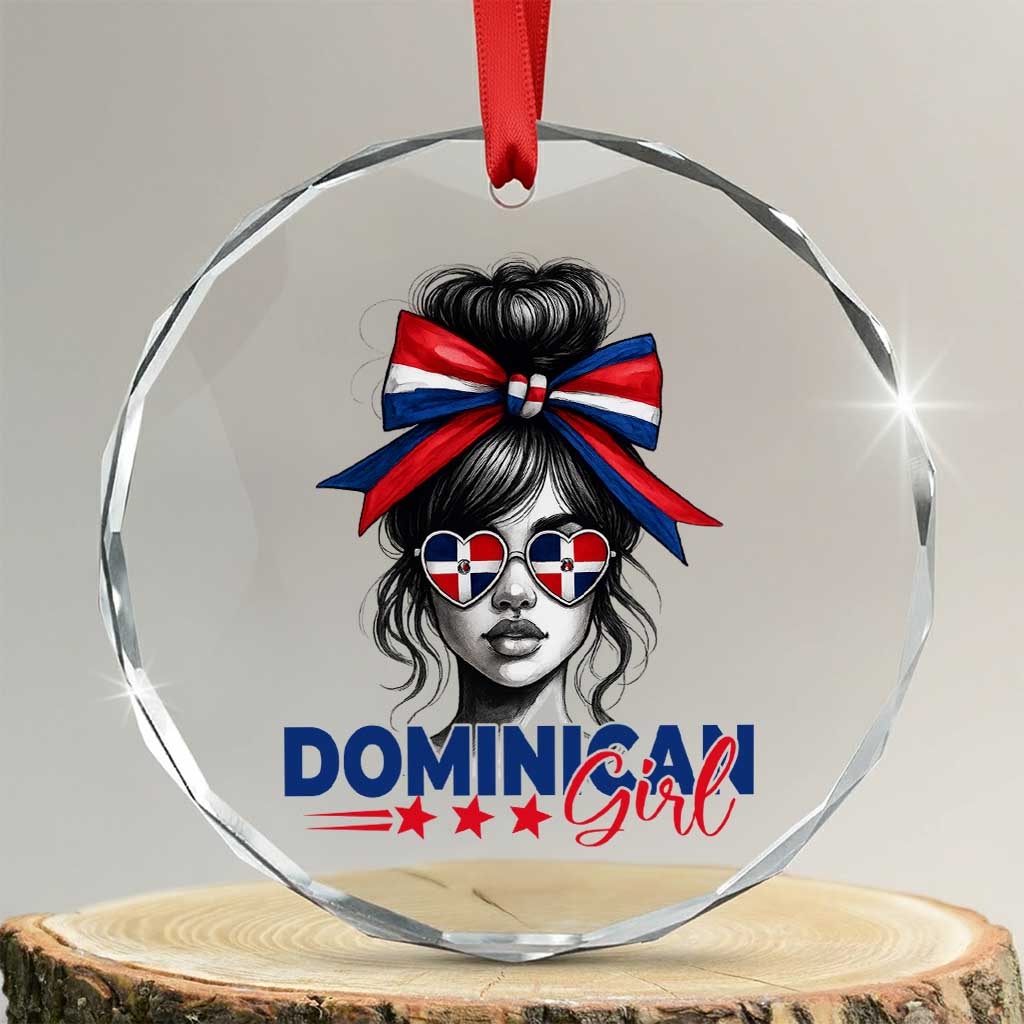 Dominican Girl Crystal Glass Ornament Messy Bun Caribbean Dominican Republic DR Flag - Print Your Wear