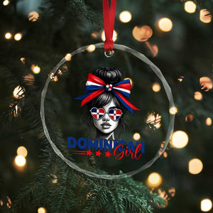 Dominican Girl Crystal Glass Ornament Messy Bun Caribbean Dominican Republic DR Flag - Print Your Wear