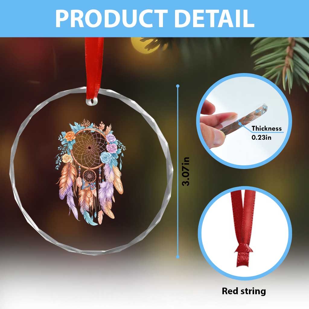 Dream Catcher Colorful Boho Floral Feather Graphic Crystal Glass Ornament