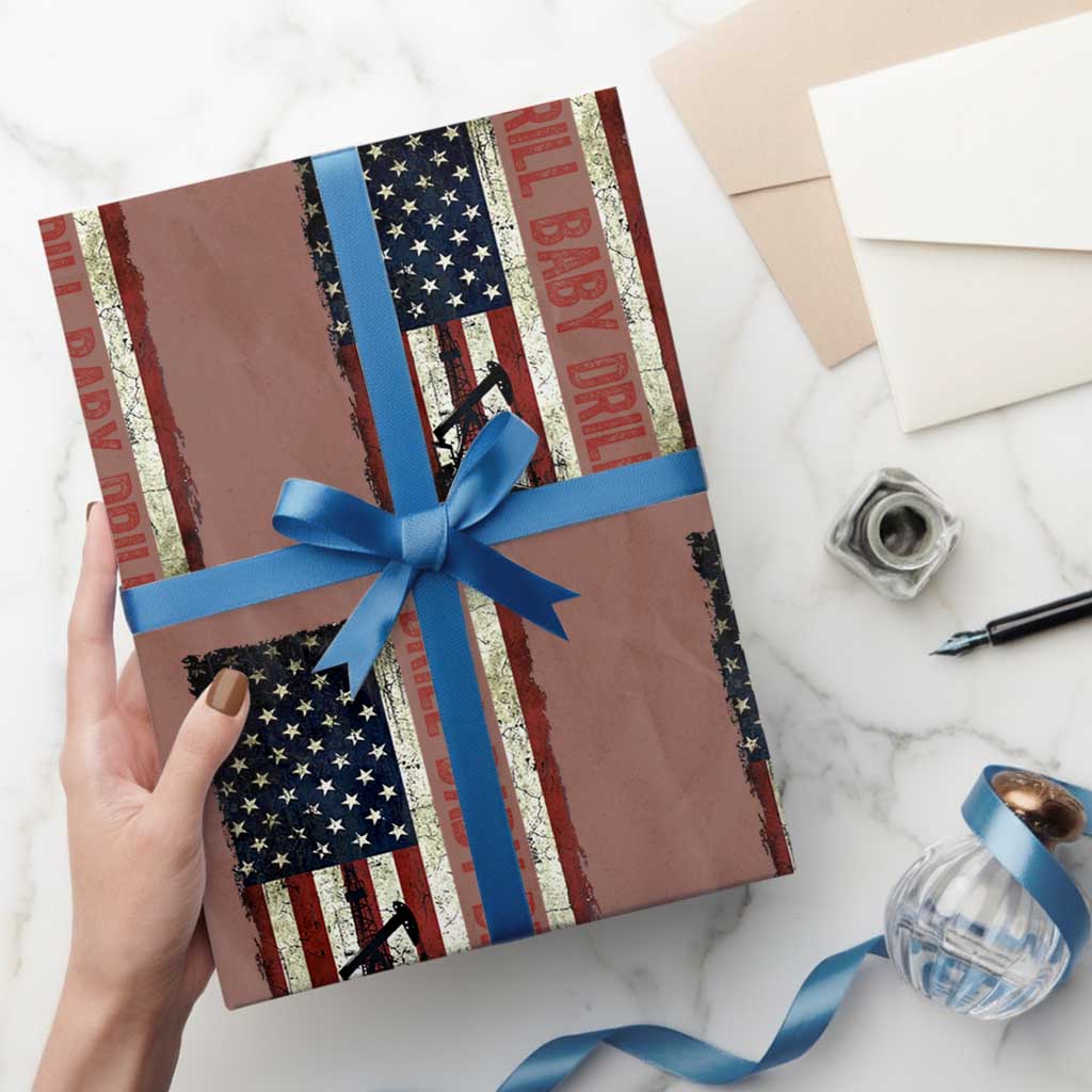 Drill Baby Drill American Flag Wrapping Paper Roll Oil Rig Oildfield Energy Industry Patriot TS02 Mocha Print Your Wear