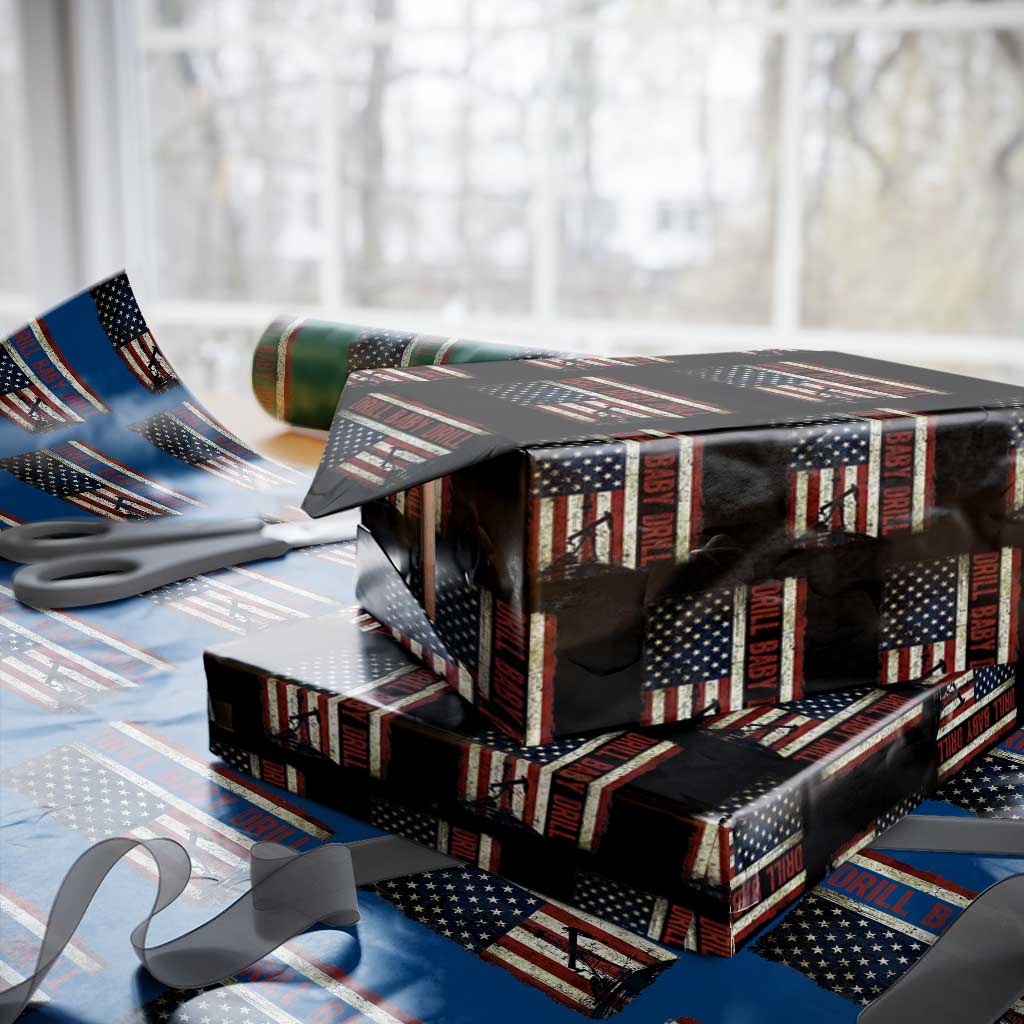 Drill Baby Drill American Flag Wrapping Paper Roll Oil Rig Oildfield Energy Industry Patriot TS02 Black Print Your Wear