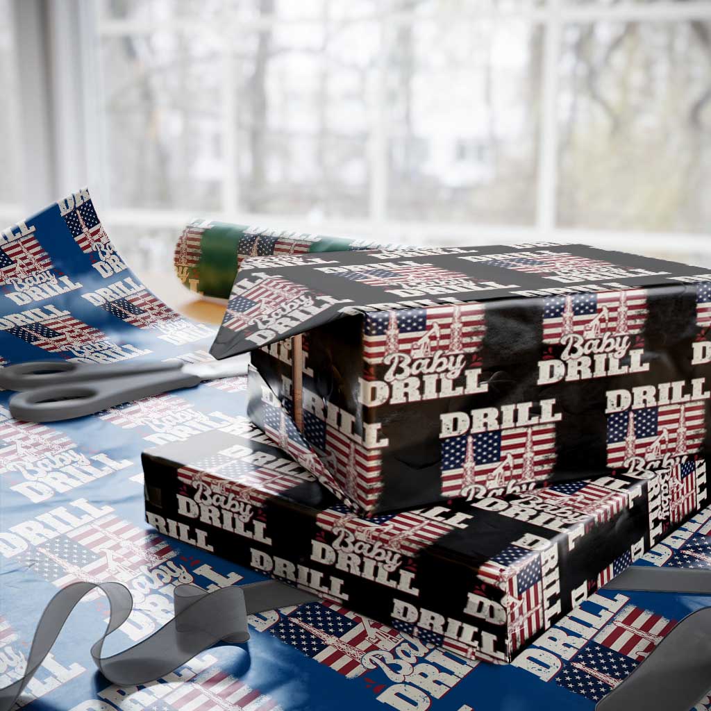 Drill Baby Drill American Flag Wrapping Paper Roll Retro Oilfield Oil Rig Patriot TS02 Black Print Your Wear