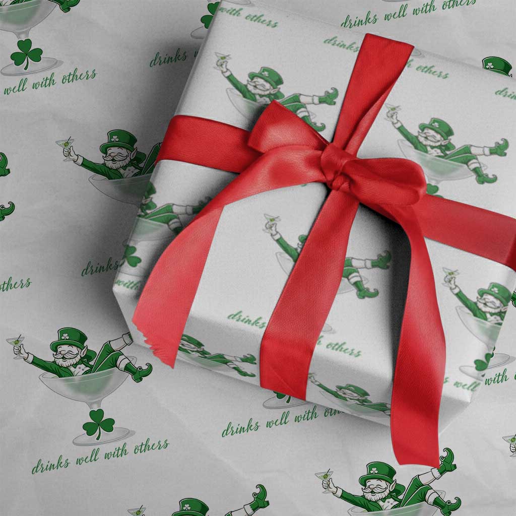 Drink Well With Others Wrapping Paper Roll Funny Leprechaun Drinking Green Beer Shamrock TS14 White Print Your Wear