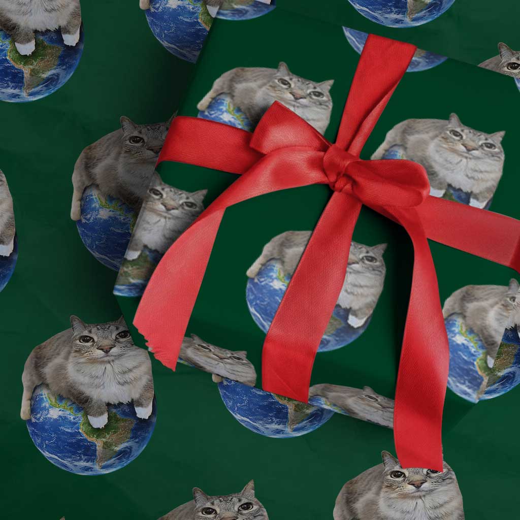 Earth Cat Silly Cat Meme Wrapping Paper Roll TS10 Green Print Your Wear
