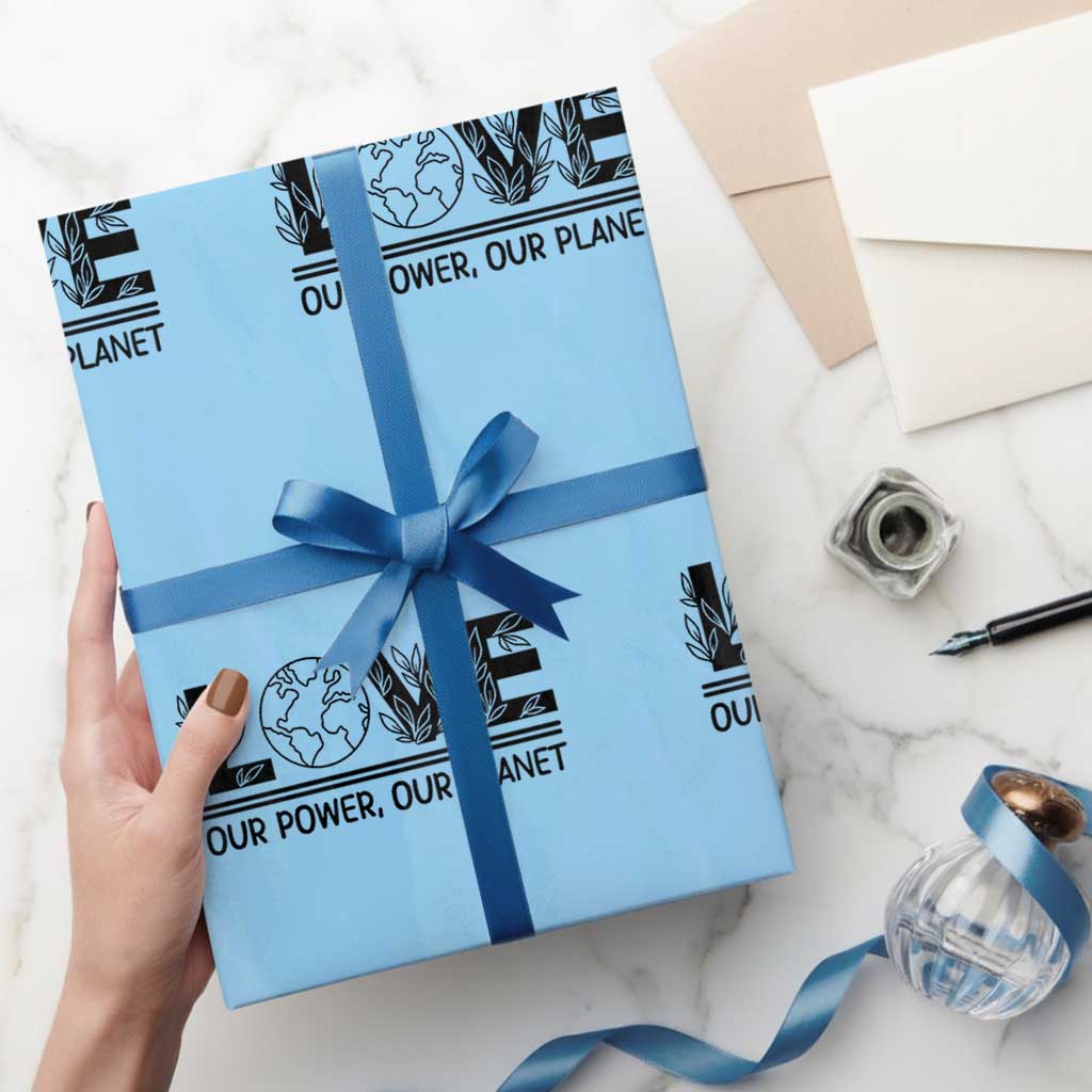 Earth Day 2026 Wrapping Paper Roll Our Power Our Planet TS12 Light Blue Print Your Wear