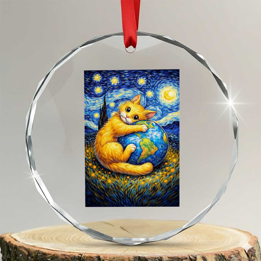 Earth Day Crystal Glass Ornament Starry Night Cat Hugging Earth TS12 Transparent Glass 3'' Circle Print Your Wear