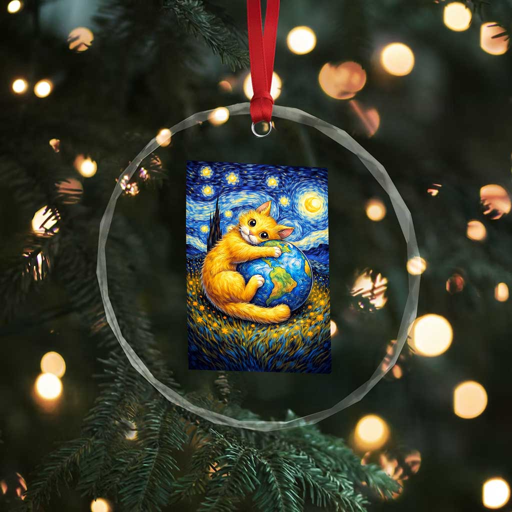 Earth Day Crystal Glass Ornament Starry Night Cat Hugging Earth TS12 Print Your Wear