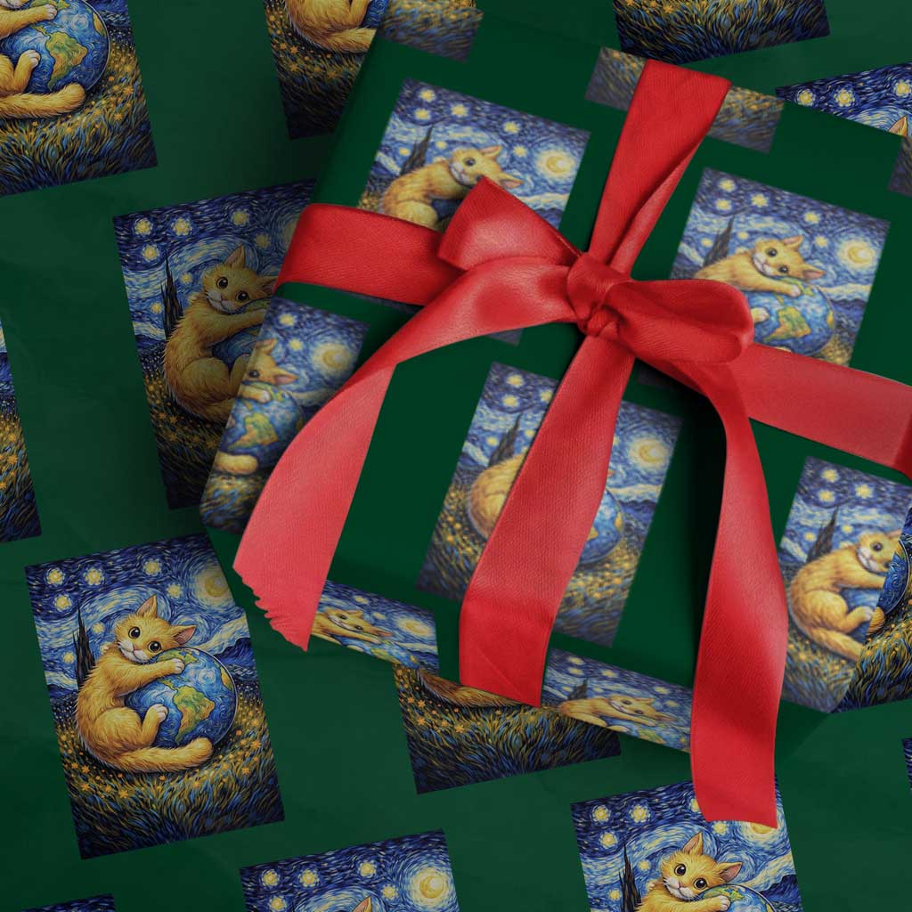 Earth Day Wrapping Paper Roll Starry Night Cat Hugging Earth TS12 Green Print Your Wear