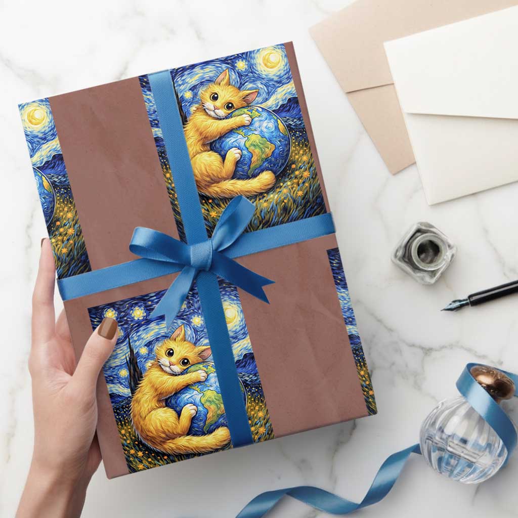 Earth Day Wrapping Paper Roll Starry Night Cat Hugging Earth TS12 Mocha Print Your Wear