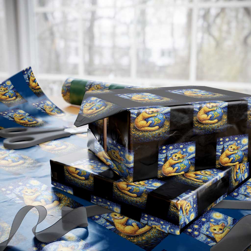 Earth Day Wrapping Paper Roll Starry Night Cat Hugging Earth TS12 Black Print Your Wear