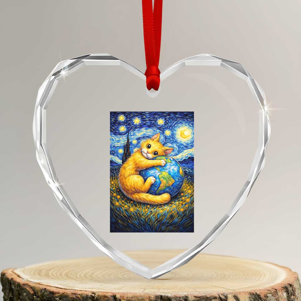 Earth Day Heart Crystal Glass Ornament Starry Night Cat Hugging Earth TS12 Transparent Glass 3'' Heart Print Your Wear