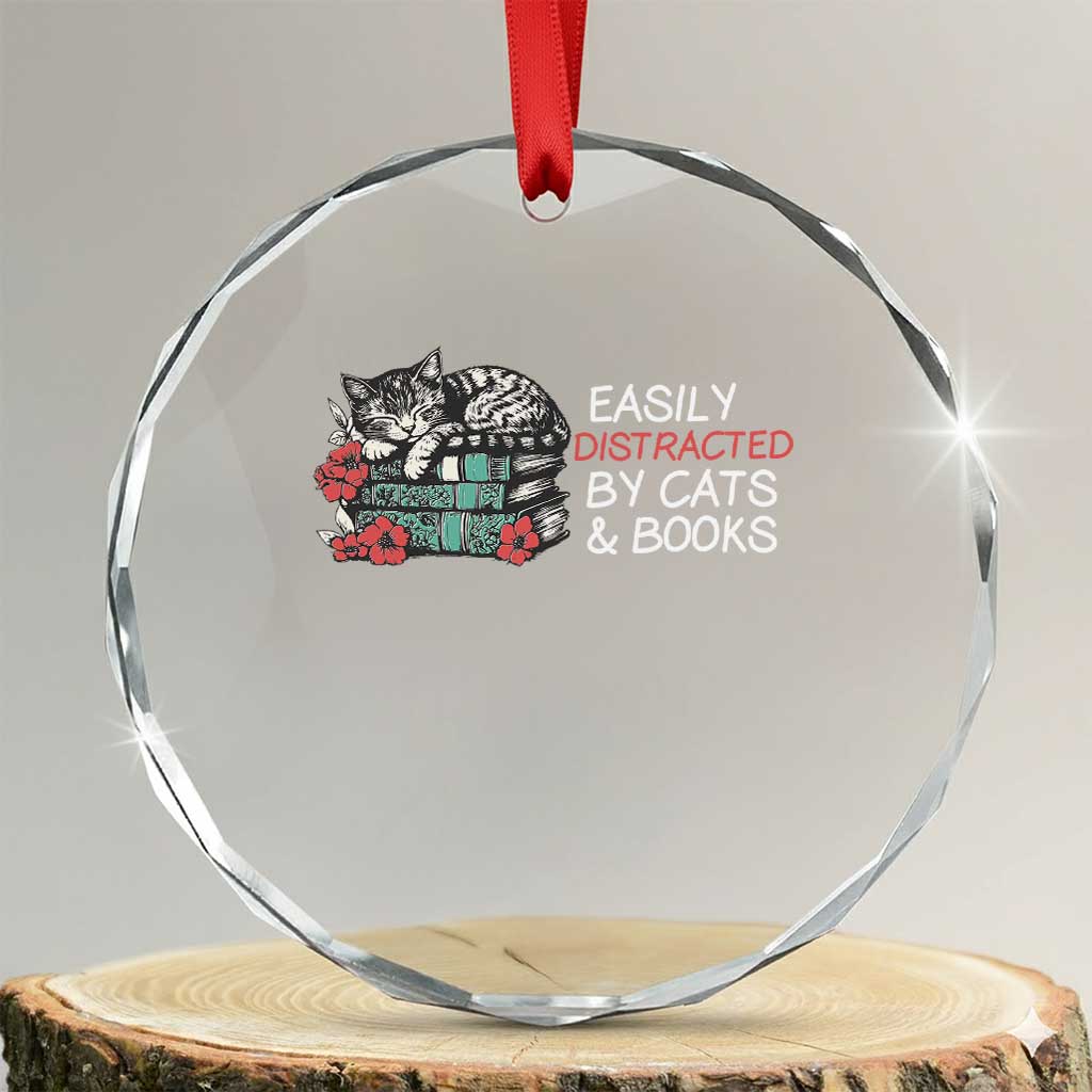 Easily Distracted By Cats And Books Crystal Glass Ornament Funny Book Lover Gift TS12 Transparent Glass 3'' Circle Print Your Wear
