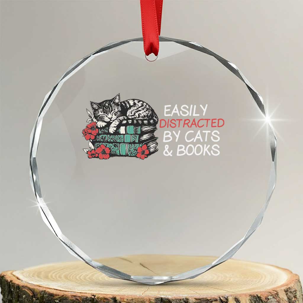 Easily Distracted By Cats And Books Crystal Glass Ornament Funny Book Lover Gift TS12 Transparent Glass 3'' Circle Print Your Wear