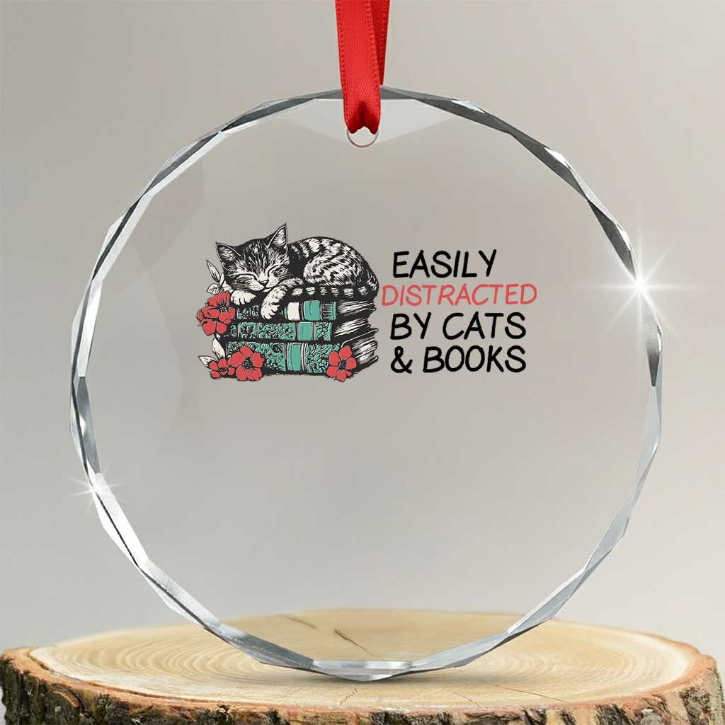 Easily Distracted By Cats And Books Crystal Glass Ornament Lazy Kitty Book Lover TS12 Transparent Glass 3'' Circle Print Your Wear
