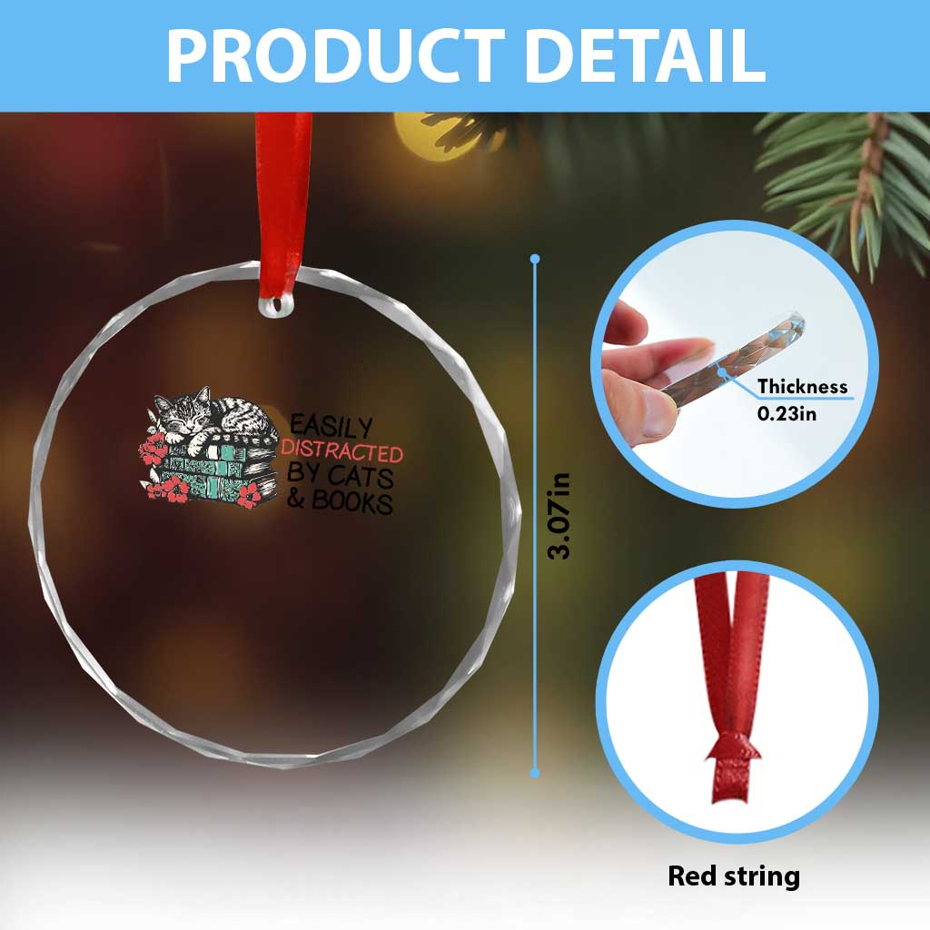 Easily Distracted By Cats And Books Crystal Glass Ornament Lazy Kitty Book Lover TS12 Print Your Wear