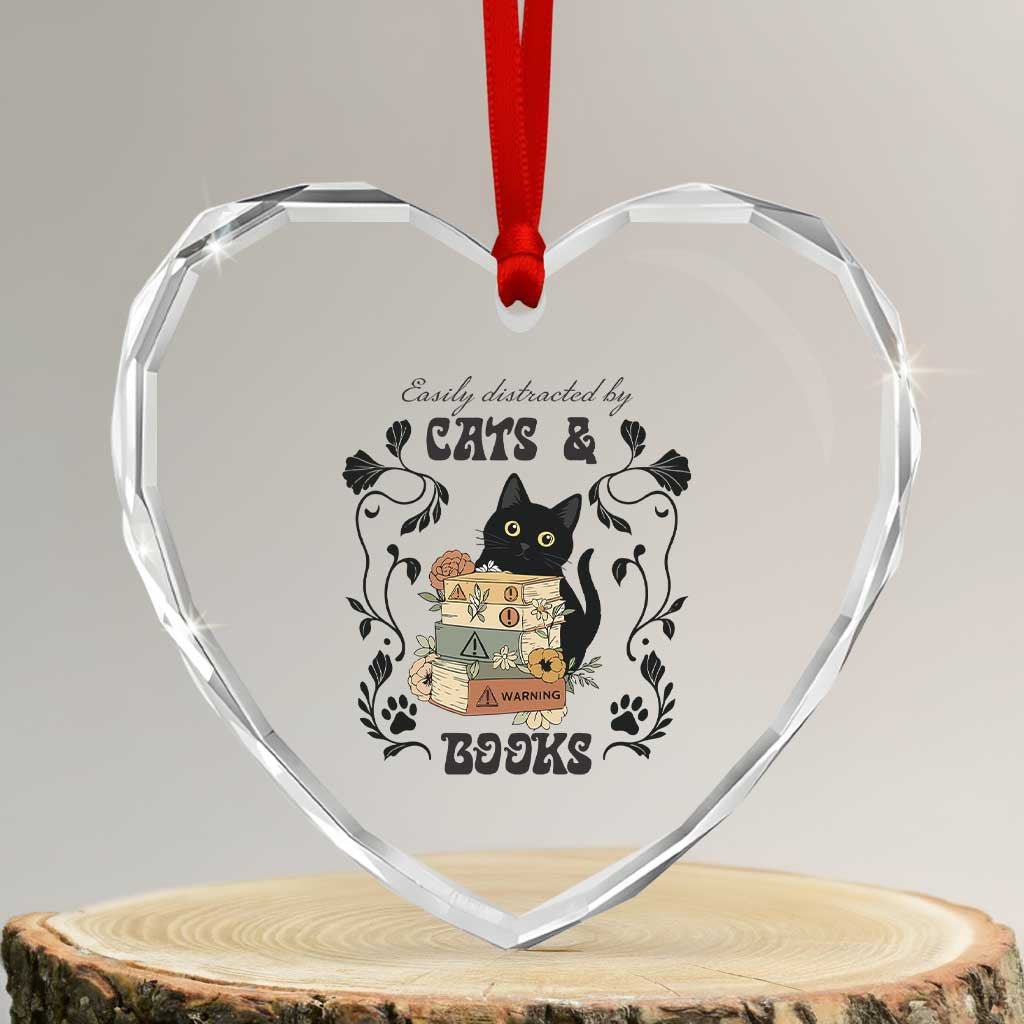Easily Distracted By Cats And Books Heart Crystal Glass Ornament Funny Book Kitty Lover TS12 Transparent Glass 3'' Heart Print Your Wear