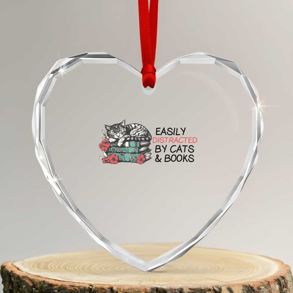 Easily Distracted By Cats And Books Heart Crystal Glass Ornament Lazy Kitty Book Lover TS12 Transparent Glass 3'' Heart Print Your Wear