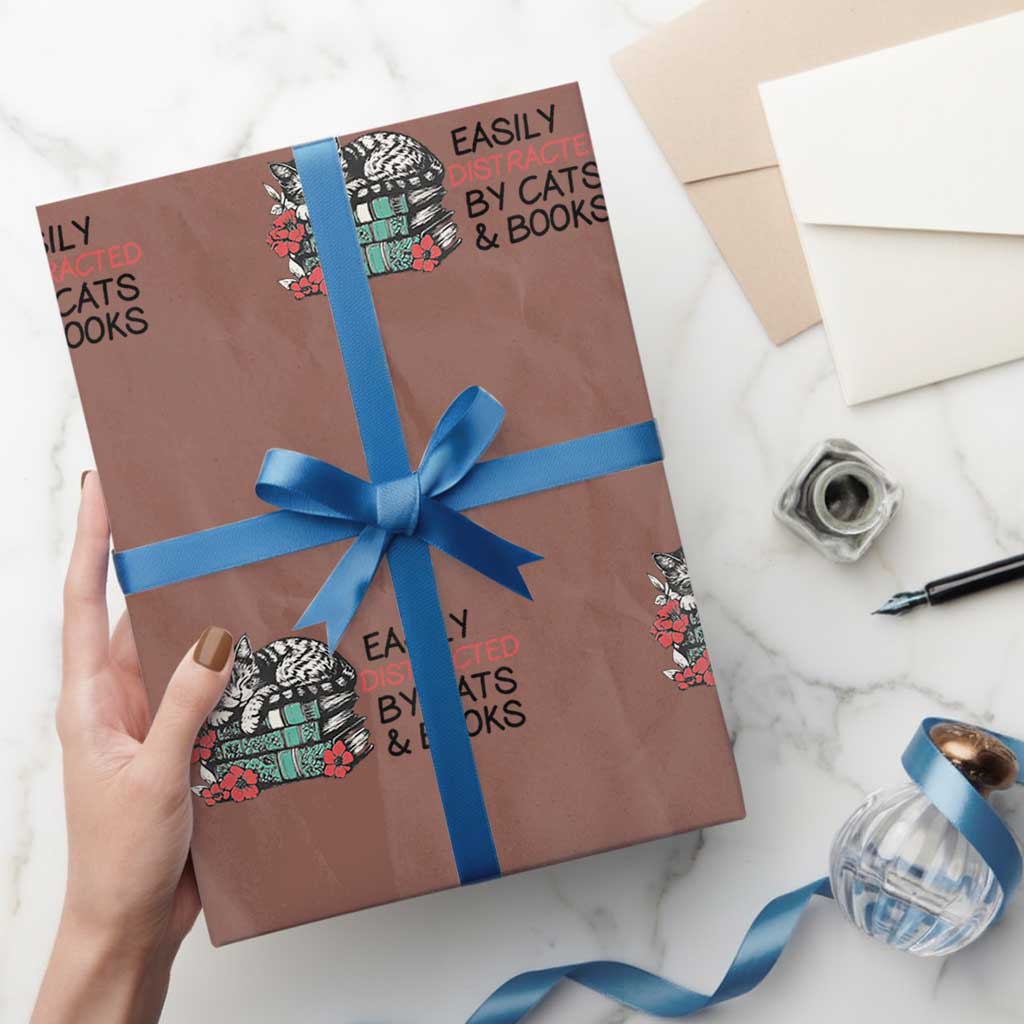 Easily Distracted By Cats And Books Wrapping Paper Roll Lazy Kitty Book Lover TS12 Mocha Print Your Wear