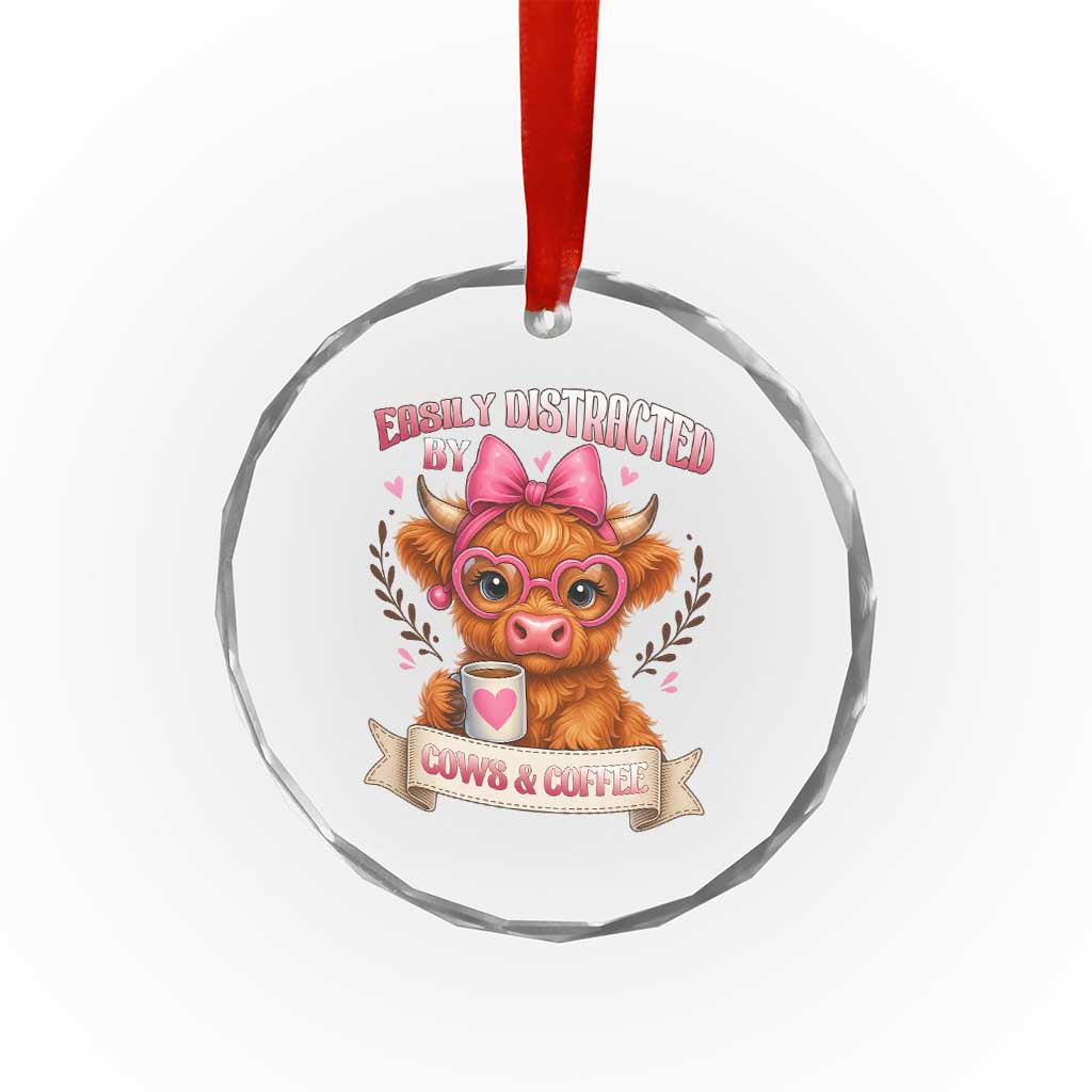 Easily Distracted By Cow And Coffee Crystal Glass Ornament Funny Highland Cow TS12 Print Your Wear