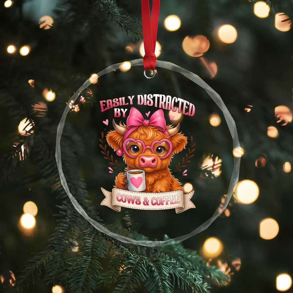 Easily Distracted By Cow And Coffee Crystal Glass Ornament Funny Highland Cow TS12 Print Your Wear