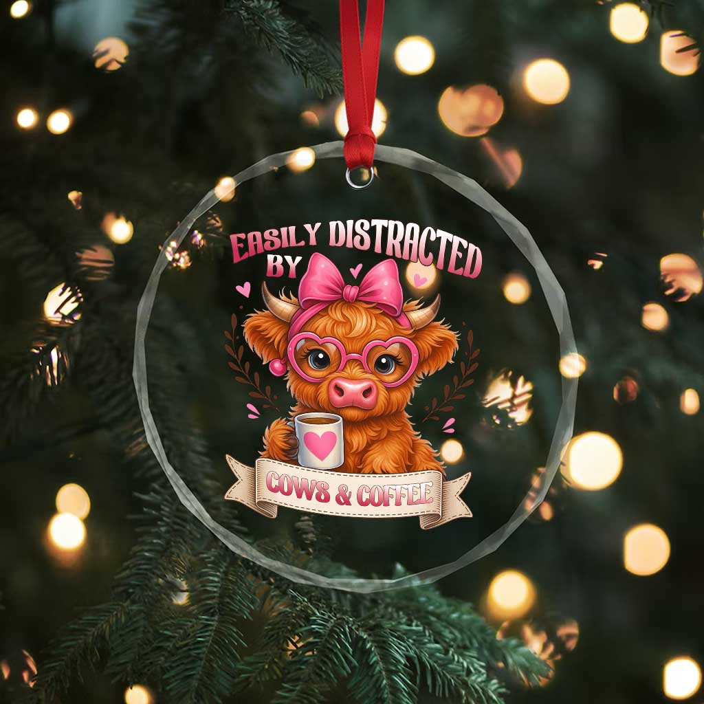 Easily Distracted By Cow And Coffee Crystal Glass Ornament Funny Highland Cow TS12 Print Your Wear