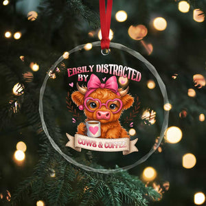 Easily Distracted By Cow And Coffee Crystal Glass Ornament Funny Highland Cow TS12 Print Your Wear