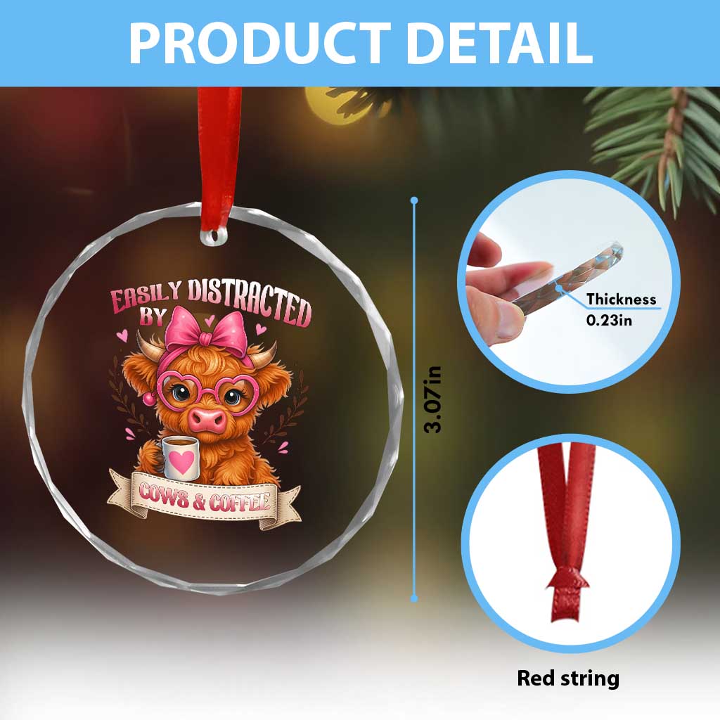 Easily Distracted By Cow And Coffee Crystal Glass Ornament Funny Highland Cow TS12 Print Your Wear