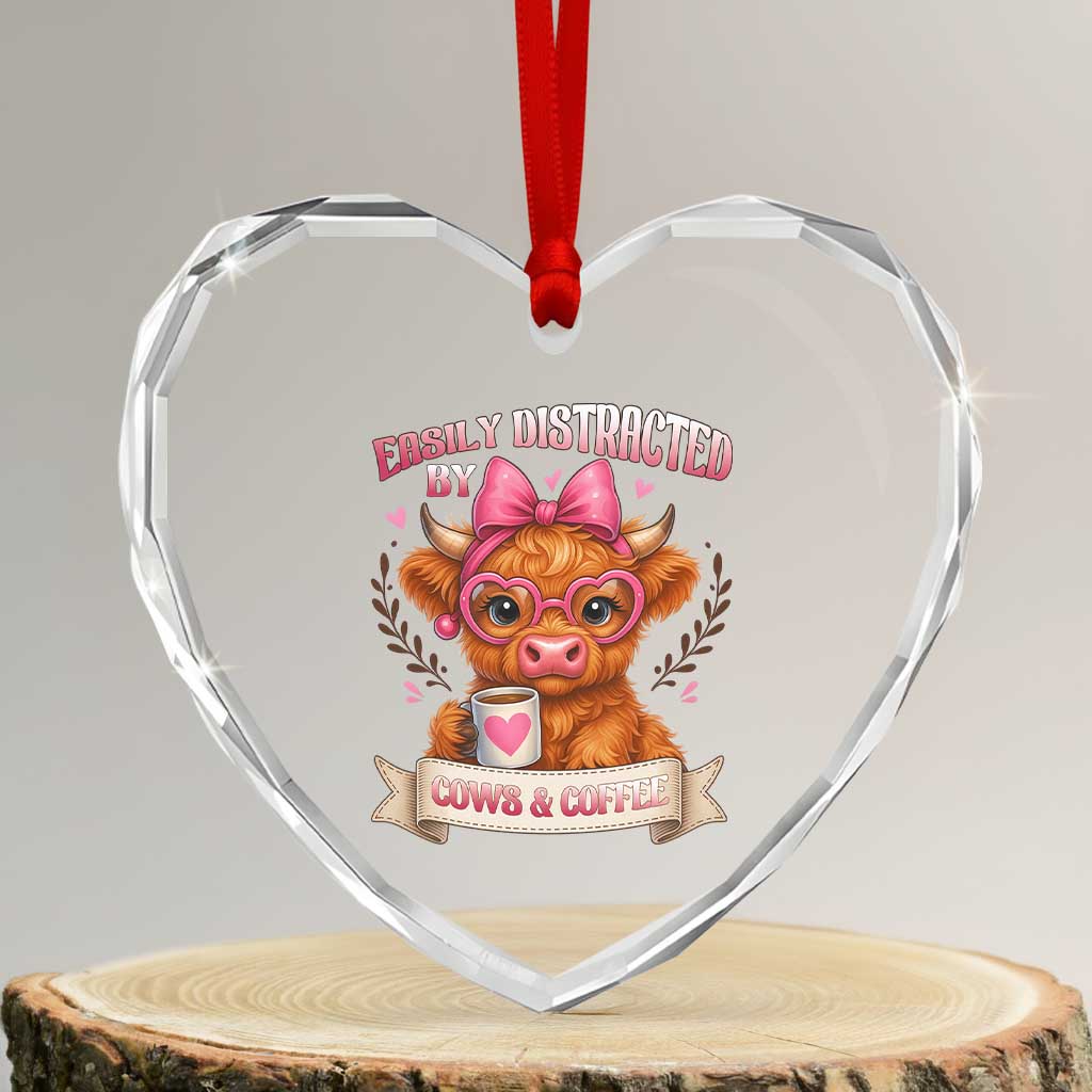 Easily Distracted By Cow And Coffee Heart Crystal Glass Ornament Funny Highland Cow TS12 Transparent Glass 3'' Heart Print Your Wear
