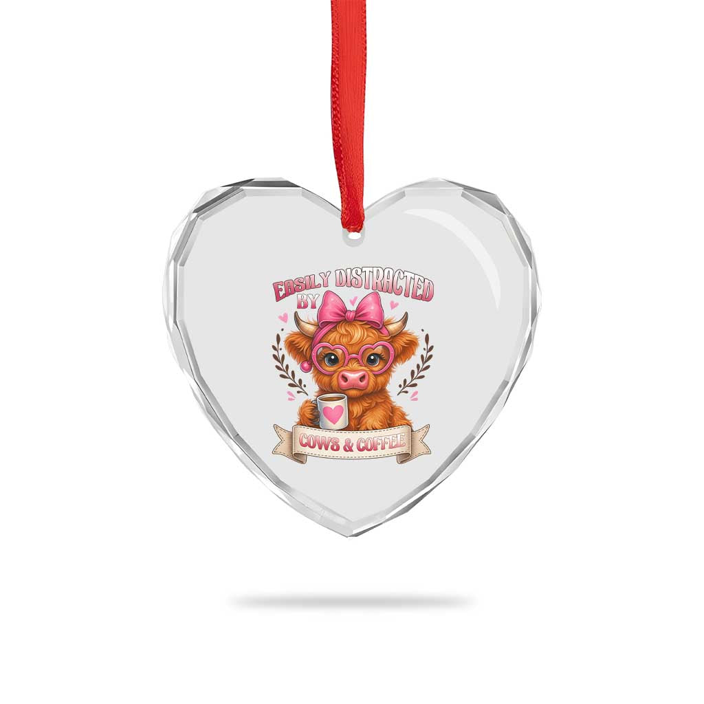 Easily Distracted By Cow And Coffee Heart Crystal Glass Ornament Funny Highland Cow TS12 Print Your Wear