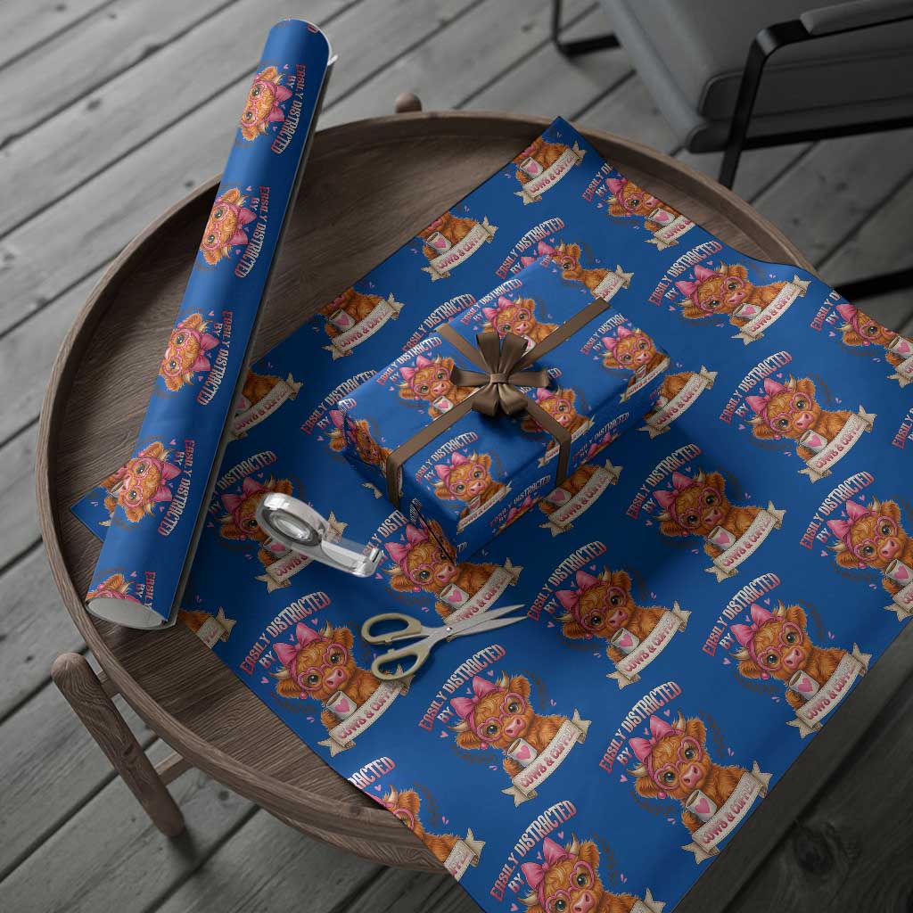 Easily Distracted By Cow And Coffee Wrapping Paper Roll Funny Highland Cow TS12 Blue Print Your Wear