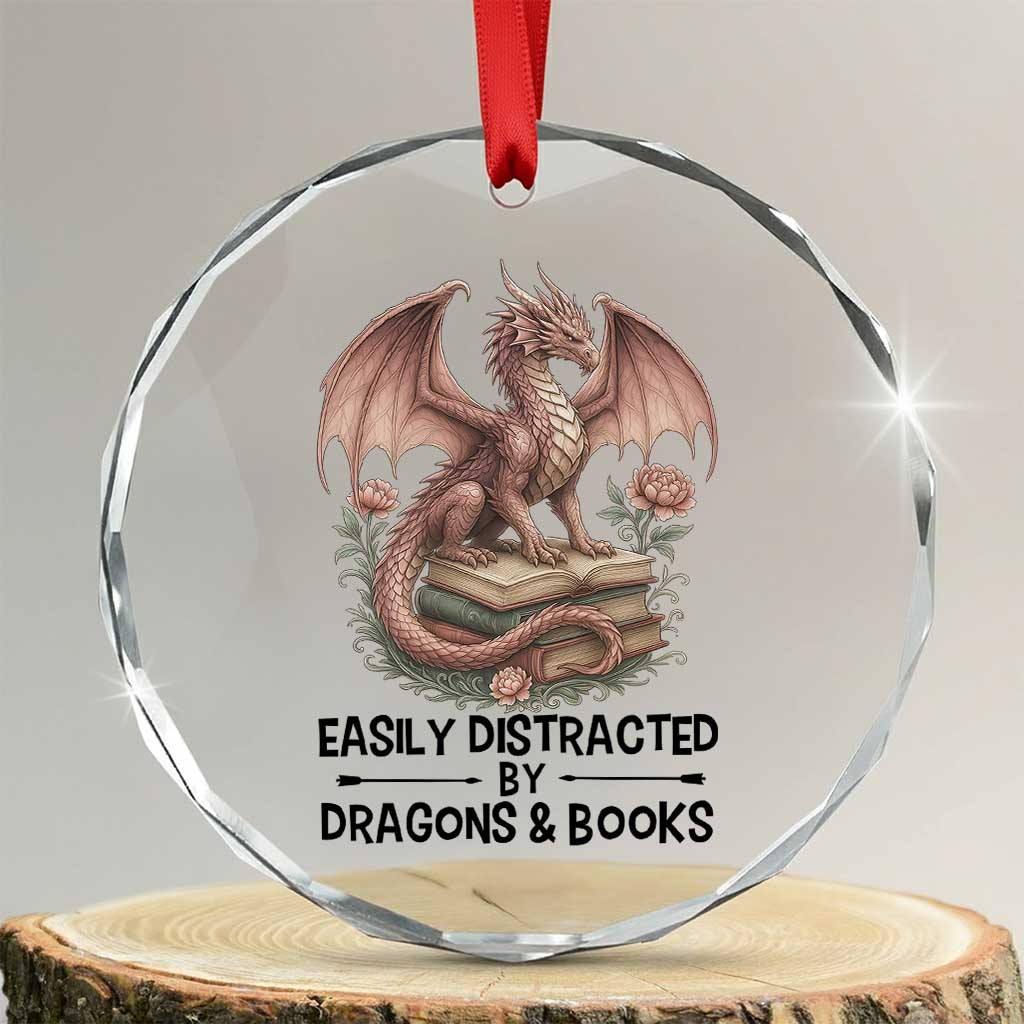 Easily Distracted By Dragon And Books Crystal Glass Ornament Funny Book Lover TS12 Transparent Glass 3'' Circle Print Your Wear
