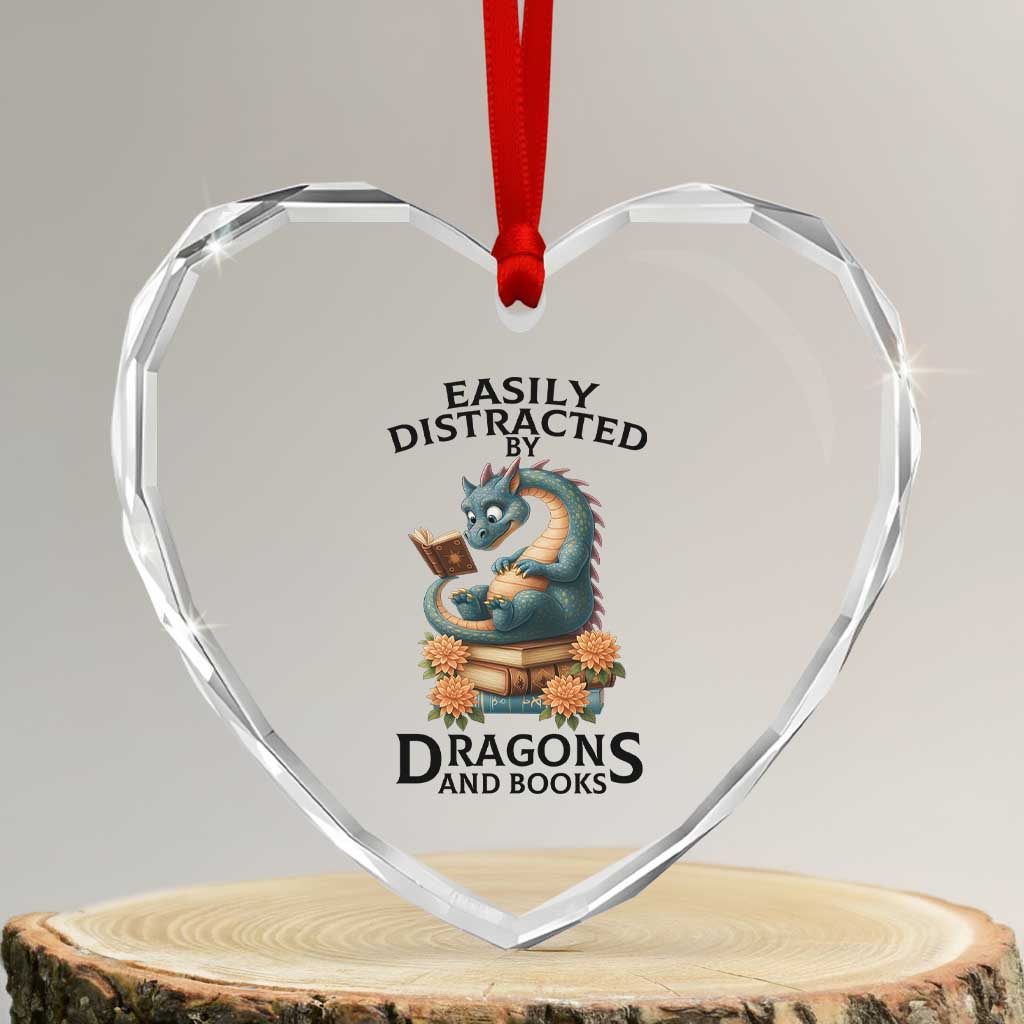 Easily Distracted By Dragon And Books Heart Crystal Glass Ornament Cute Book Lover Gift TS12 Transparent Glass 3'' Heart Print Your Wear